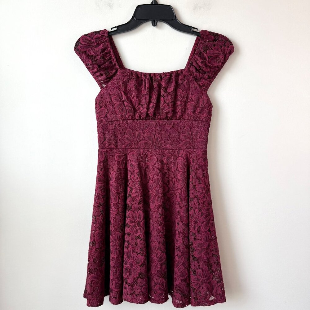 Zunie Puff Sleeve Emma Babydoll Dress Size 10‎ Girls Maroon Stretch Lace